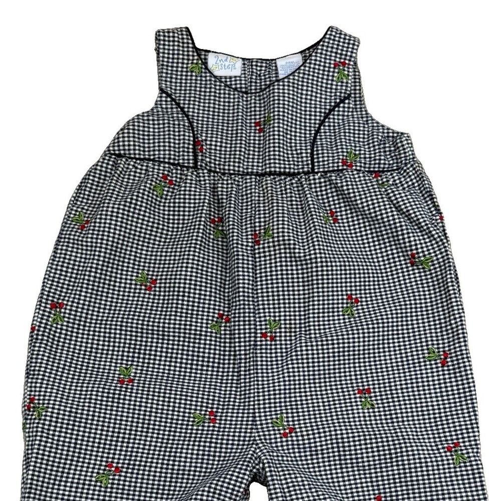 Vtg 2nd Step Bubble Romper Girls 24 Months Gingham Cherry Embroidered 90s Y2K